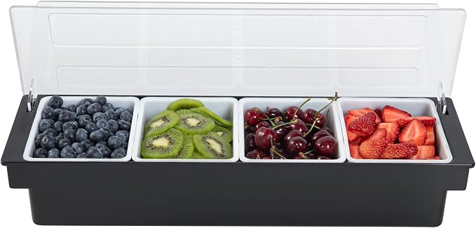 Restaurantware Bar Lux 19.6 x 6.3 x 3.7 Inch Condiment Caddy 1 Durable Bar Caddy - 4 Removable Compartments Built-In Lid Black Plastic Condiment Holder For Restaurant Store Cocktail Garnish by Restaurantware