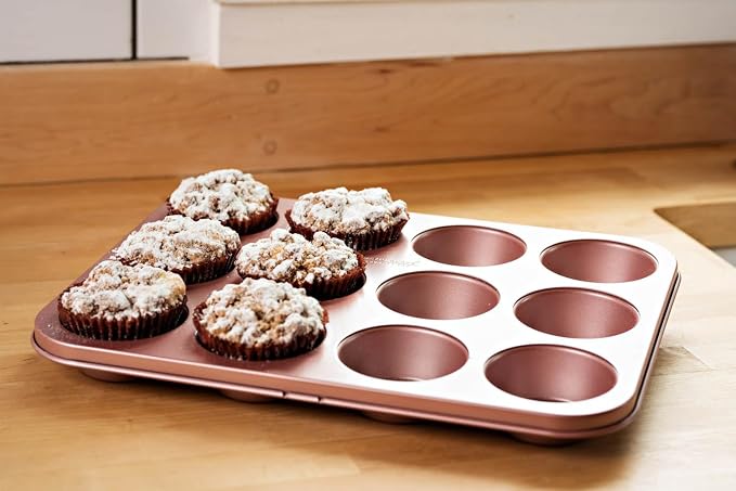 David Burke 12-Cup Muffin Pan, Carbon Steel, PFTE & PFOA Free, Oven Safe, Diamond Textured Surface – Rose Gold - Image 2