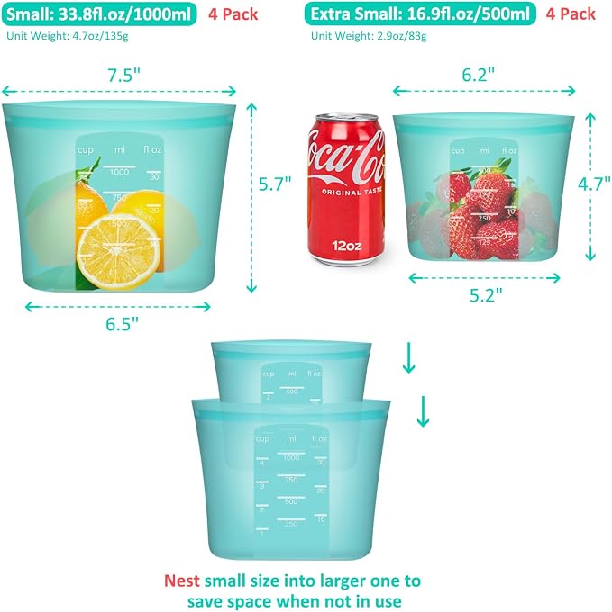 Reusable Sandwich & Snack Bags, 8 Pack 100% Silicone Food Storage Bags Stand Up Zip Lock for Food Container, Freezer Microwave Oven Dishwasher Safe, 4 Small 4 Extra Small, Aqua - Image 3
