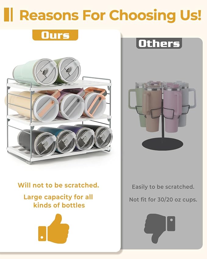 Cirhy 12" Tall 3-Tier Expandable Water Bottle Organizer – Fits 20-40 oz Stanley, Owala, Yeti Tumblers, Shaker Cups & Travel Mugs – Adjustable Storage Rack for Cabinet, Kitchen & Pantry Organization | Adjustable 12" Tall Bottle Rack, Fits 20-40 oz Tumbl... - Image 5