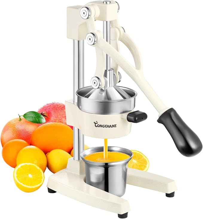 TONGCHANT Cast Iron Manual Juicer for Orange Lemon Lime Pomegranate &Citrus | Heavy Duty Orange Juicer Squeezer, Hand Press Juicer, Citrus Press, Stainless Steel Cup, Easy to Clean, White by TONGCHANT