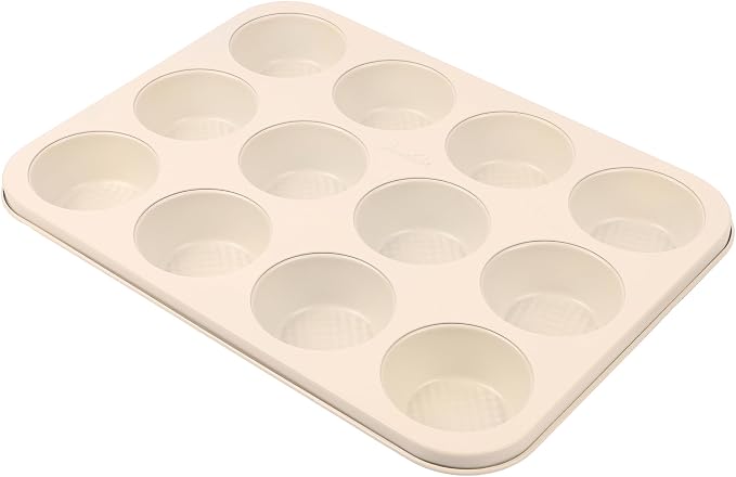 David Burke 12-Cup Muffin Pan, Carbon Steel, PFTE & PFOA Free, Oven Safe, Diamond Textured Surface – Cream by David+Burke
