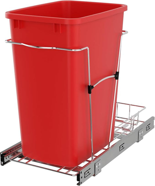 Rev-A-Shelf Pullout Trash Can for Kitchen Cabinets 35 Qt Garbage Waste Recyling Bin with Full Extension Slides, Red, RV-12KD-16C-S by Rev-A-Shelf