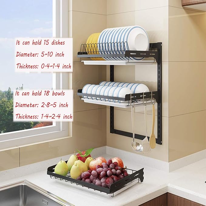 3 Tier Black Stainless Steel Dish Drying Rack Fruit Vegetable Storage Basket with Drainboard and Hanging Chopsticks Cage Knife Holder Wall Mounted Kitchen Supplies Shelf Utensils Organizer - Image 4