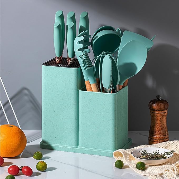 19 Pieces Kitchen Utensils and Knife Set with Block, Inldued 9 Pieces Silicone Cooking Utensils Set 5 Pieces Sharp Stainless Steel Chef Knives Scissors Whisk Tongs and Cutting Board (TEAL) - Image 9