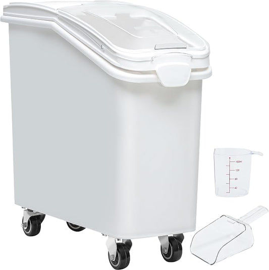 YITAHOME 21 Gallon Ingredient Bin, Commercial Food Container with 500 Cups, Large Flour Storage Container Bin with 360° Wheels, Scoop and Lid for Kitchen, White by YITAHOME