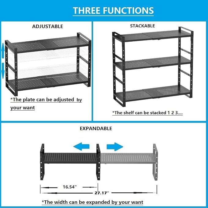 Expandable,Adjustable & Stackable Spice Rack, Cabinet Kitchen Countertop Shelf Organizer,Metal Pantry Storage Shelves - Space-Saving Storage Solution(1Pack/Black/Medium) - Image 3