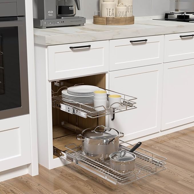 OCG 2 Tier Pull Out Cabinet Organizer (21.5" W x 18" D), Pull Out Shelves for Kitchen Cabinets, Slide Out Pantry Shelves for Base Cabinet Organization in Kitchen Bathroom Pantry, Chrome Finish - Image 4