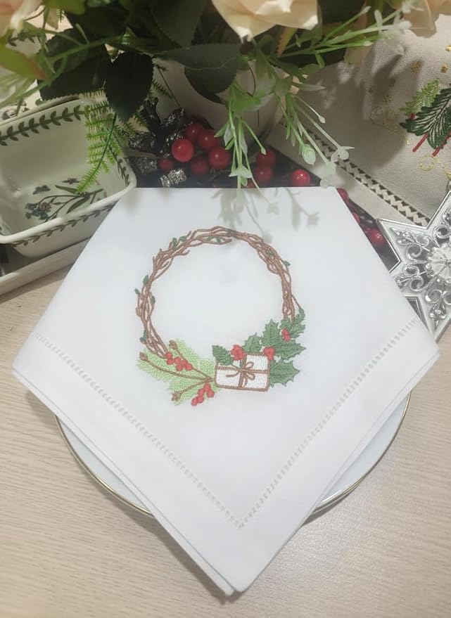 – Embroidered Cloth Napkin Holly Christmas Wreath & Gift Box Cotton Napkins Set of 6, 20 x 20”, Hemstitch Table Napkins, Machine Washable, Daily & Holidays, Great Gift Ideas - Image 7