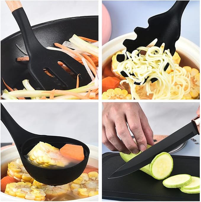 19 Pcs Kitchen Cooking Utensils and Knife Set with Block, Include 11 Pcs Silicone Cooking Utensils Set 5 Pieces Sharp Stainless Steel Chef Knives Scissors Whisk Tongs and Cutting Board (Black) - Image 5