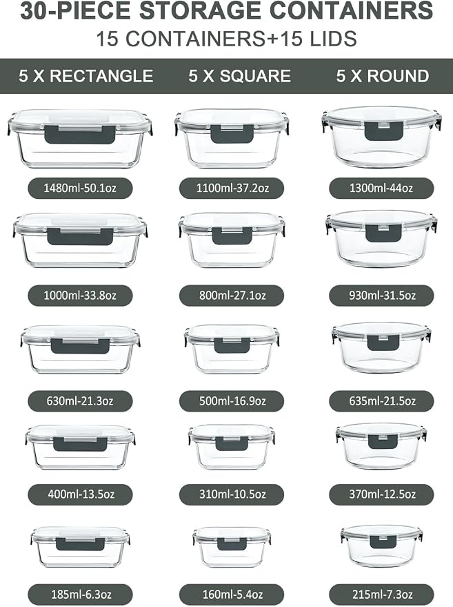 M MCIRCO 30 Pieces Extra-Large Glass Food Storage Containers with Snap Locking Lids,Glass Meal Prep Containers Set - Airtight Lunch Containers, Microwave, Oven, Freezer and Dishwasher - Image 2