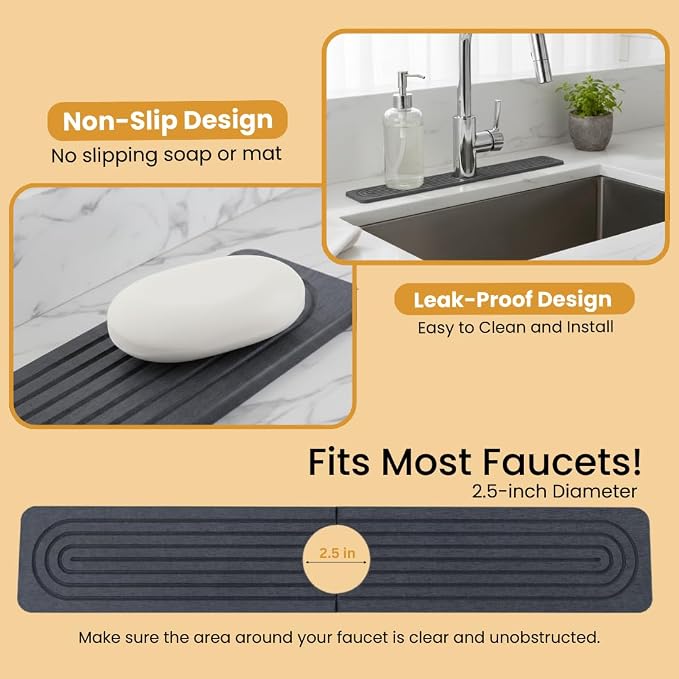 2-In-1 Stone Dish Drying Mat Set For Kitchen Counter. New Collapsiable Space Saving Diatomaceous Earth Stone Dish Mat 23.6"(L)x15.3"(W) + Faucet Protector 23.6"(L)x4(W)- Ultra Absorbent Non-Slip-Gray - Image 8