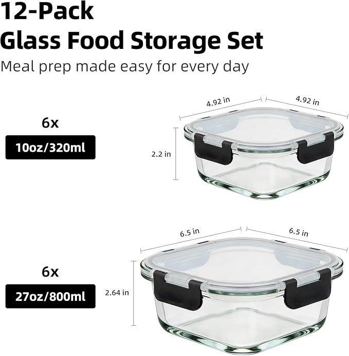 Konokyo Square Glass Food Storage Containers with Lids, Meal Prep, 12 Pack | Airtight Leakproof Meal Prep Containers, BPA-Free, Microwave Oven Freezer & Dishwasher Safe, Assorted Sizes - Image 3