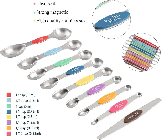 Magnetic Measuring Cups and Spoons Set Stainless Steel Measuring Cup&Spoon | 7 Heavy Duty Measuring Cup 8 Double Sided Magneti Measuring Spoons with 1 Leveler for Dry and Liquid Ingredients (Color) - Image 4
