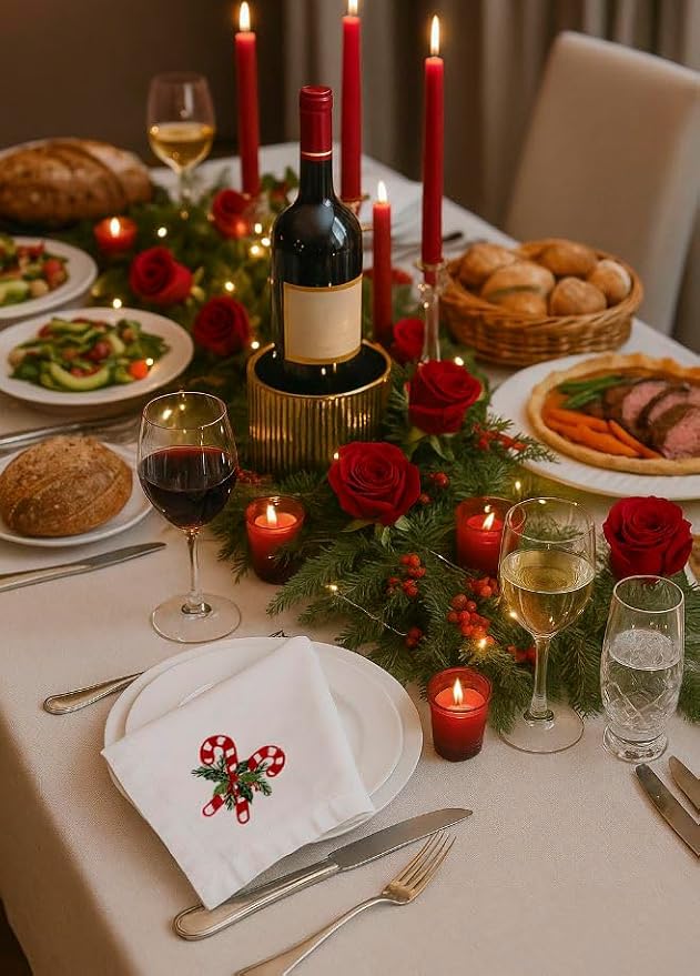 – Embroidered Cloth Napkins Double Candy Christmas Design, Set of 6, Cotton Hemstitch Table Napkins 20x20, Machine Washable – Festive & Elegant Holiday Dining, Ideal Gift Idea - Image 4