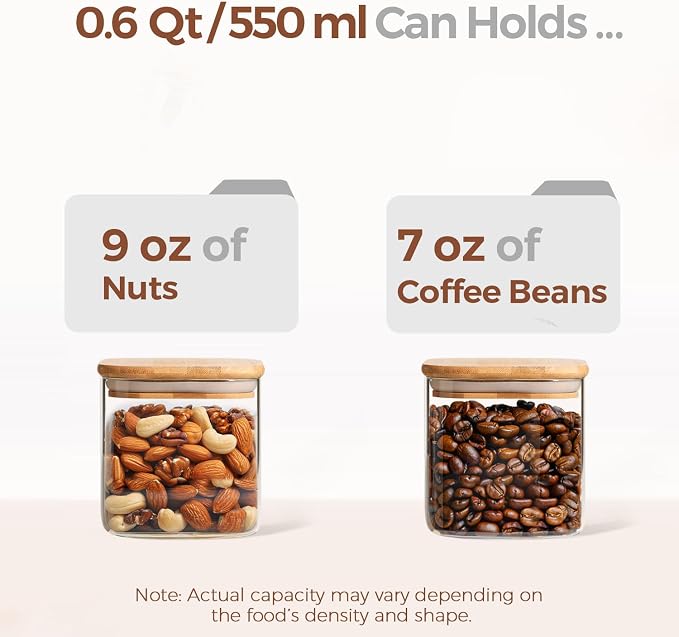ComSaf Square Glass Containers With Lids 0.6 Qt, Set of 6 Small Galss Jars | Small Glass Canisters, Spice Jar, Pantry Organization, Snack, Cookie, Coffee Bar Organization, Size For Subpackage, BPA Free - Image 3