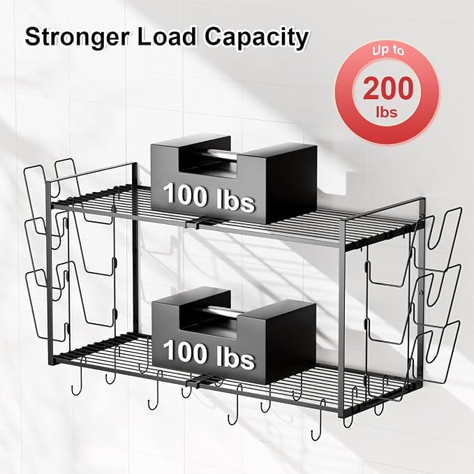 31 Inch Pot Rack Wall Mounted, 2-Tier Hanging Pots and Pans Organizer Expandable Heavy Duty Kitchen Shelves with 6 Pot Lid Holders and 12 Hooks for Kitchen Cookware Utensils Storage - Image 4
