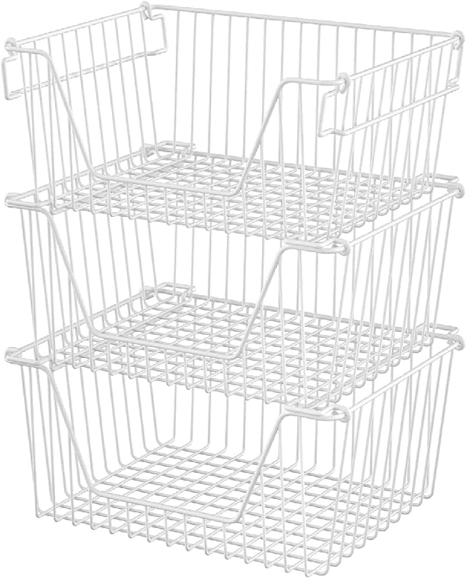Slideep 14" Large Bin Baskets Stacking Baskets Sturdy Metal Wire Storage Baskets Organization with Handles for Pantry, Kitchen, Closets, Bathroom, Cabinets, Kitchen,White, Set of 3 by WelcometotheSlideep