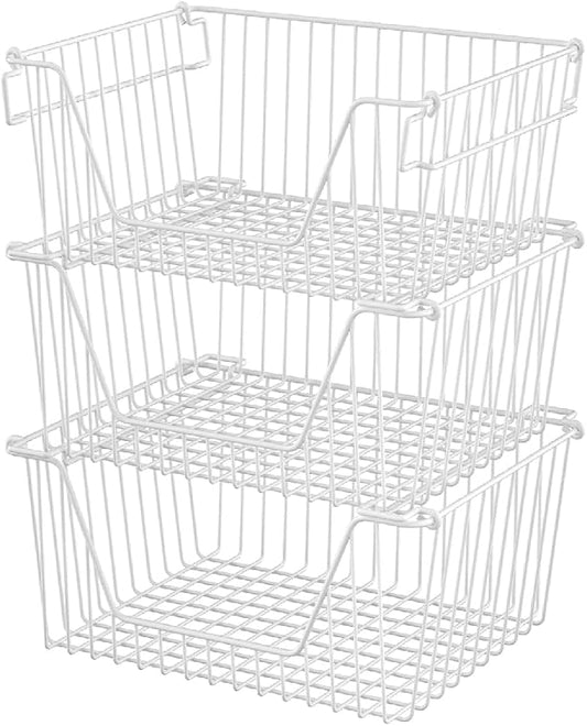 Slideep 14" Large Bin Baskets Stacking Baskets Sturdy Metal Wire Storage Baskets Organization with Handles for Pantry, Kitchen, Closets, Bathroom, Cabinets, Kitchen,White, Set of 3 by WelcometotheSlideep
