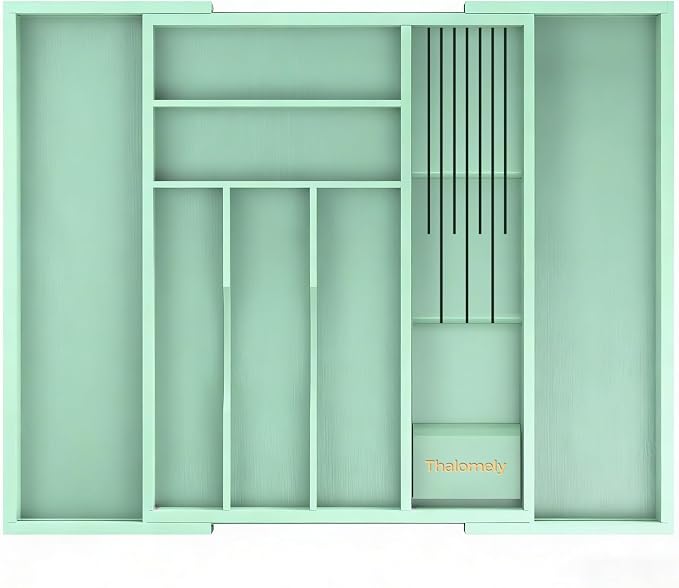 Bamboo Kitchen Drawer Organizer, Expandable Silverware Organizer with Removable Knife Block, 6-8 Slots- Utensil Holder & Cutlery Tray Drawer Dividers, 2.36" Deep for Extra Capacity, Cyan - Image 2