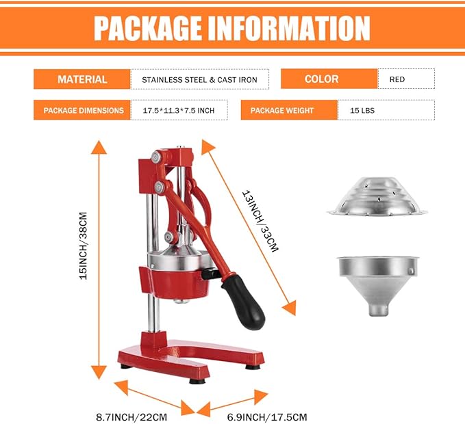 Commercial Heavy Duty Cast Iron Hand Press Manual Orange Citrus Lemon Lime Grapefruit Pomegranate Fruit Juice Squeezer Machine with Stainless Steel Cup Red - Image 7