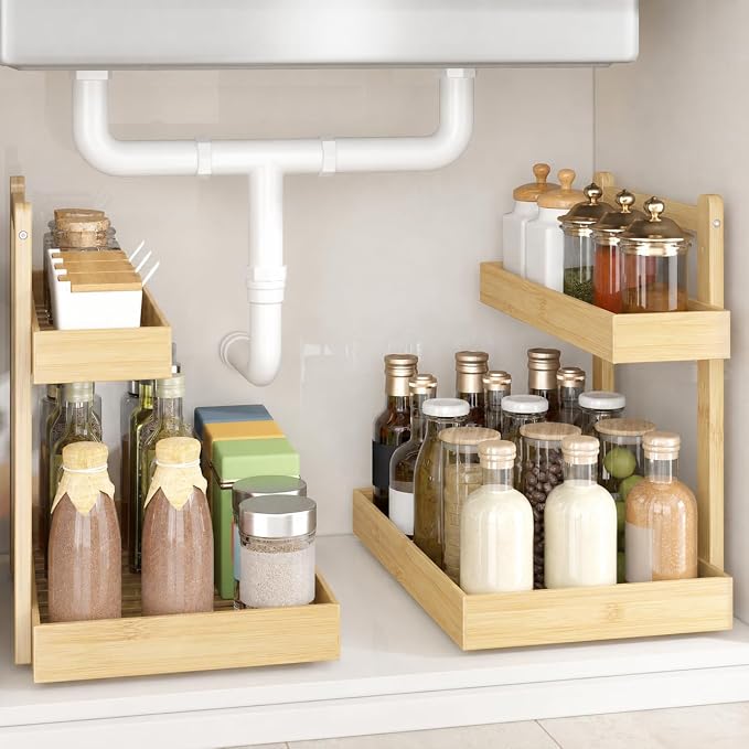 Bamboo Under Sink Organizer, 2-Tier Pull Out Cabinet Organizer | Kitchen Sink Organizer | Bathroom Cabinet Organizer | Cleaning Supply Storage | L-Shape | 3-Level Adjustable | Natural Bamboo - Image 8
