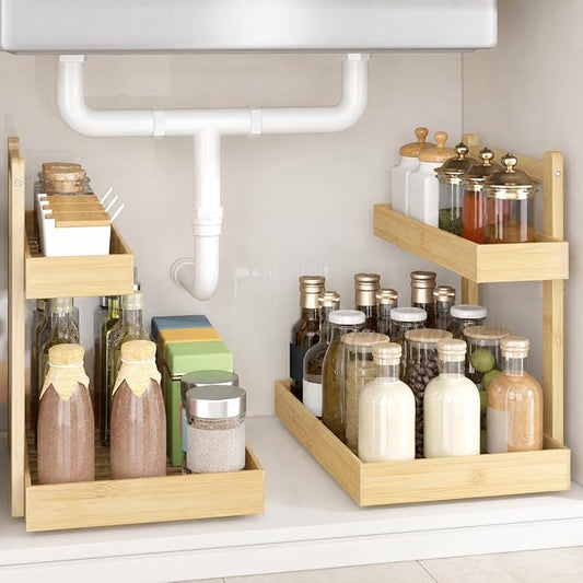 Bamboo Under Sink Organizer 2 Pack, 2-Tier Pull Out Cabinet Organizer | Kitchen Sink Organizer | Bathroom Cabinet Organizer | Cleaning Supply Storage | L-Shape | 3-Level Adjustable | Natural Bamboo by WisuceHome