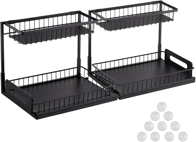 VEVOR Pull Out Cabinet Organizer, 2 Tier Under Sink Organizer and Storage(10.7"W x 14.2"D ), Slide Out Drawer Cabinet Organizer, Wire Basket Sliding Shelf for Kitchen Bathroom Cabinet, Black (2 Pack) - Image 9