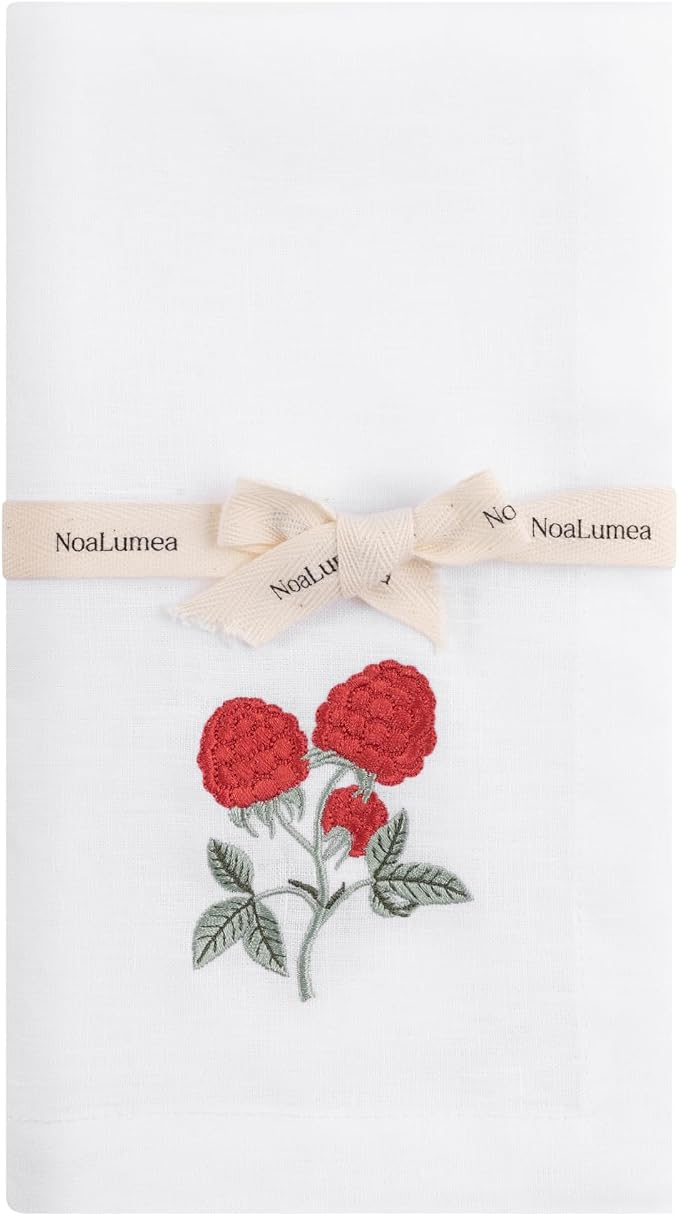 Linen Napkins Set of 4-100% Pure White Linen Embroidered Dinner Napkins 19 x 19 Inch for Spring, Summer, Memorial Day (Berry Harvest Collection) - Image 2