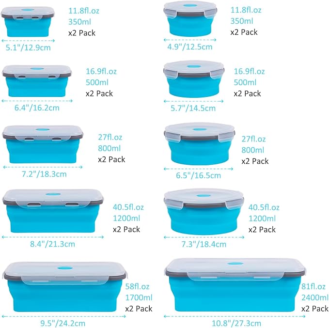 Collapsible Food Storage Containers with Lids 20 Pack(81oz/58oz Extra Large Included), 12 Rectangular+8 Round, Annaklin Silicone Collapsible Food Containers Sets Microwave Freezer Dishwasher Safe Blue - Image 6