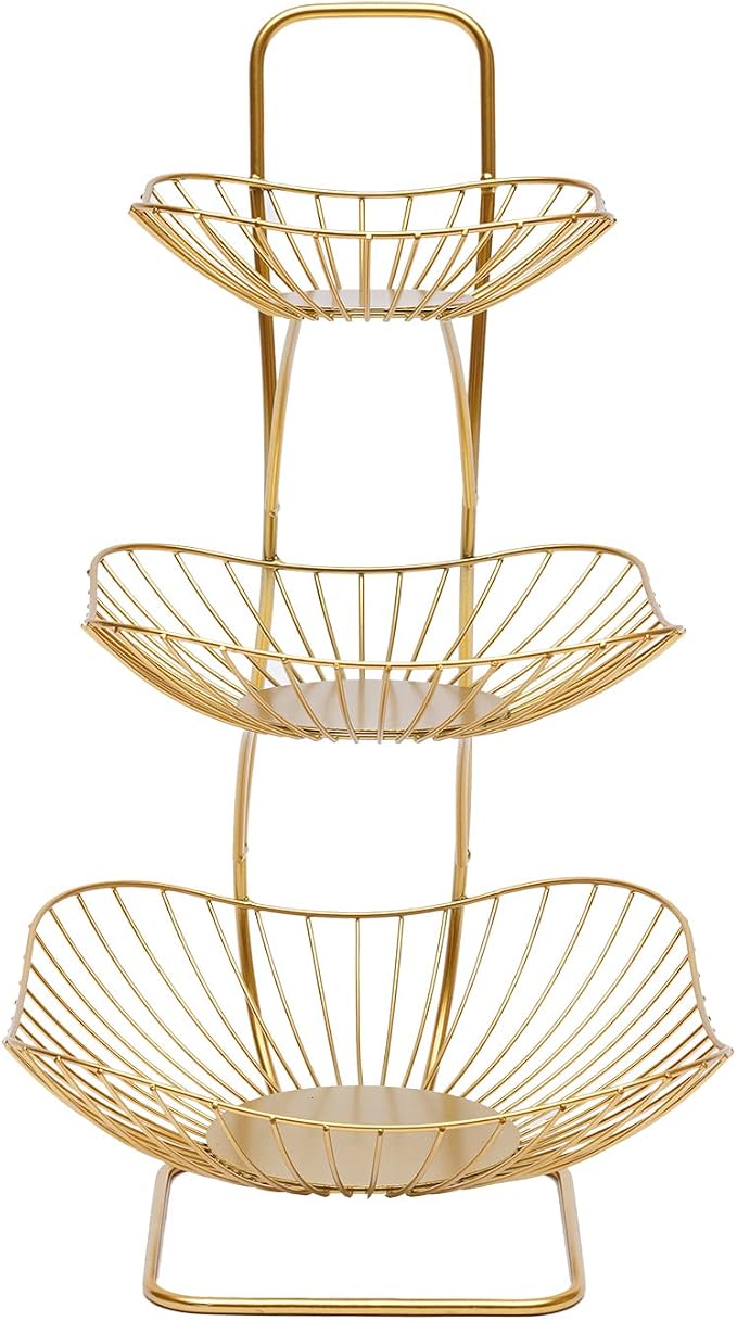 3-Tier Fruit Basket for Kitchen Counter, Gold Metal Countertop Fruit Vegetables Basket Bowl Storage,Fruits Holder Stand for Bread Snack Veggies Produce Storage - Image 2