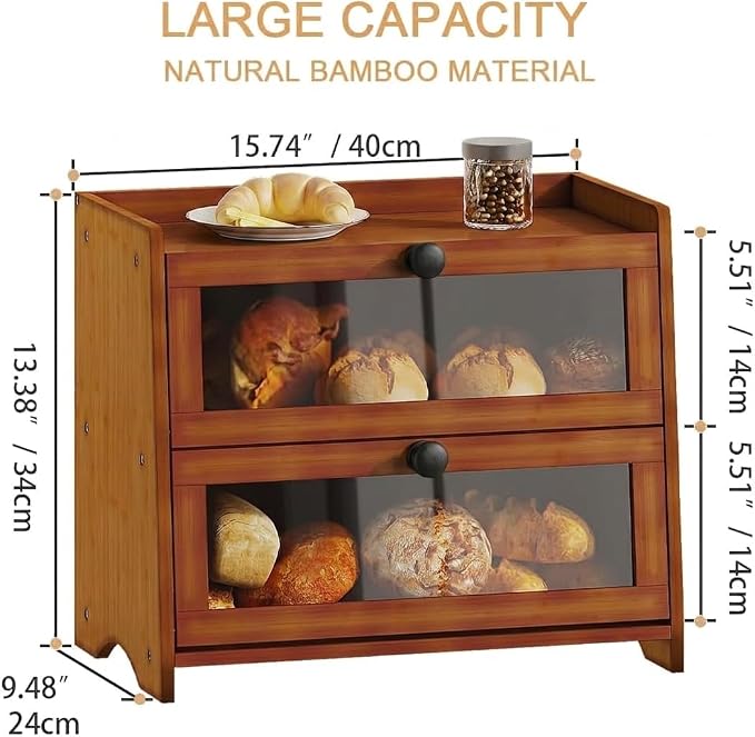 BAMBANG Bread Box for Kitchen Countertop, Extra Large Bamboo Bread Storage Container for Homemade Bread, Double Layer Sourdough Breadox, Bread Bin Organizer for Counter Cabinet Pantry, Brown - Image 3