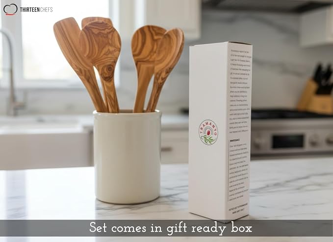 Tramanto Olive Wood Utensil Set - 5 Piece Spatula and Spoon Wooden Cooking Tools, 12 Inch Long, Rustic Hand Made with Gift Box - Image 3