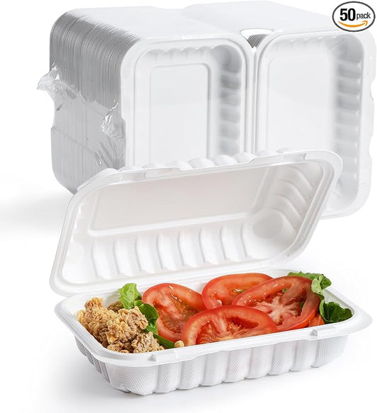 YANGRUI 50-Pack 28oz 9x6 White Takeout Boxes - Shrink Wrapped No Pre-Wash | BPA Free Heavy Duty Mineral PP, Microwave & Freezer Safe | Reusable Clamshell for Sandwiches, Subs & Meal Prep by YANGRUI