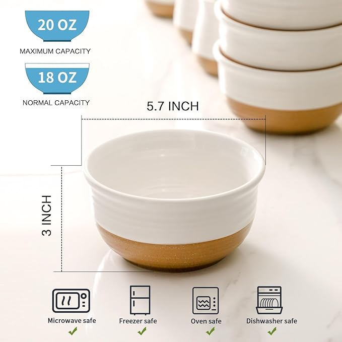 HASENSE Ceramic Cereal Bowls, 20 OZ Soup Bowls for Kitchen, White Bowls Dishwasher and Microwave Safe, Stackable Bowl Set for Pasta Oatmeal Rice Ice Cream, Colorblocked Design Dessert Bowls, Set of 6 - Image 3