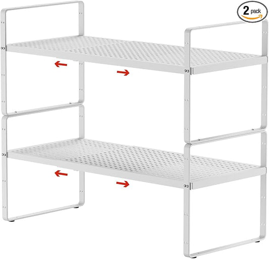 2Pcs Expandable Cabinet Shelf Organizers, 16.5"~27''L, White | Stackable Metal Shelves, Adjustable Spices Rack Stand, For Kitchen Countertop Storage, For Cupboard Pantry, 8" W x 9.6" H by jkxoo
