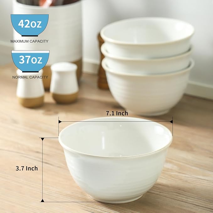 Hasense Soup Bowls, 40 Ounce Large Cereal Bowls for Kitchen, 7 Inch Ceramic Serving Dishes for Salad Pasta Oatmeal, Dishwasher and Microwave Safe, Clay-Infused White - Image 2