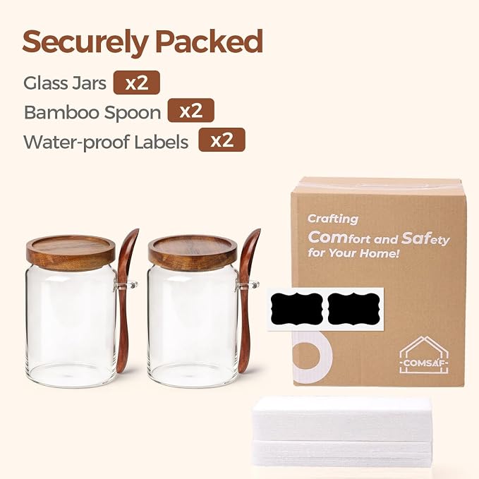 ComSaf Coffee Storage Canister with Acacia Wood Lids & Scoops 0.8Qt 2Pack | Glass Containers for Coffee Lover, Whole Beans Grounds Sugar, Coffee Bar & Office Tabletop, Jars with Labels, Lead-Free - Image 8