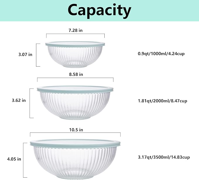 WhiteRhino Glass Mixing Bowls with Lids Set of 3(3.7QT, 2.1QT, 1.1QT),Large Kitchen Salad Bowls, Space-Saving Nesting Bowls, Clear Glass Serving Bowls for Cooking,Baking,Prepping,Dishwasher Safe - Image 2