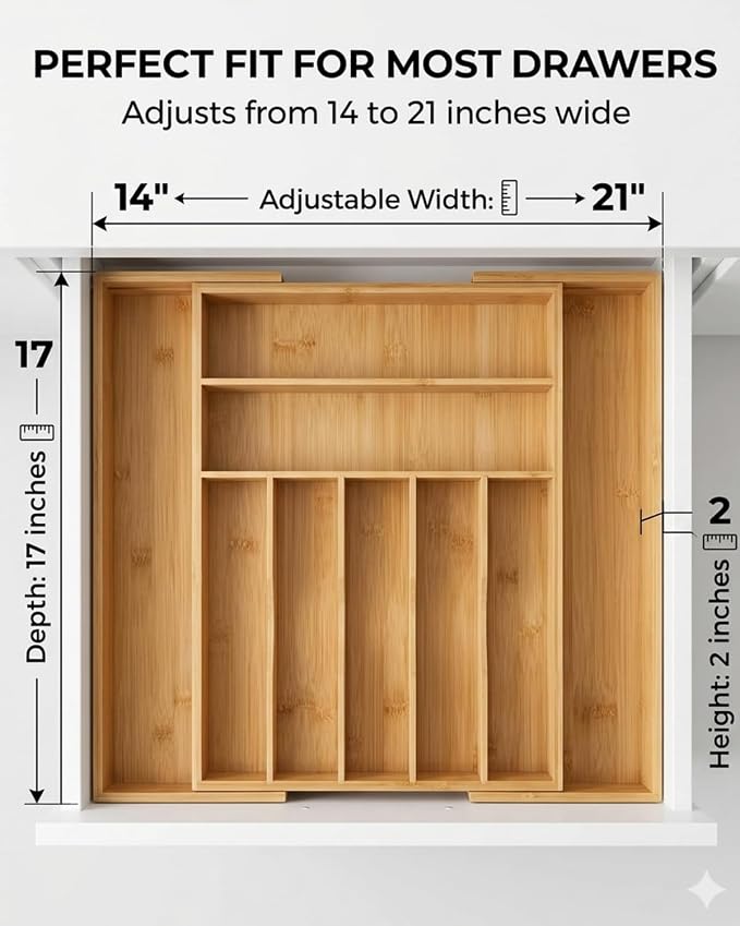 Expandable Bamboo Silverware Drawer Organizer, 5-7 Compartments | Expands to Fit Most Drawers, 5-7 Compartments, Dual-Zone Storage for Flatware and Large Utensils - Image 2
