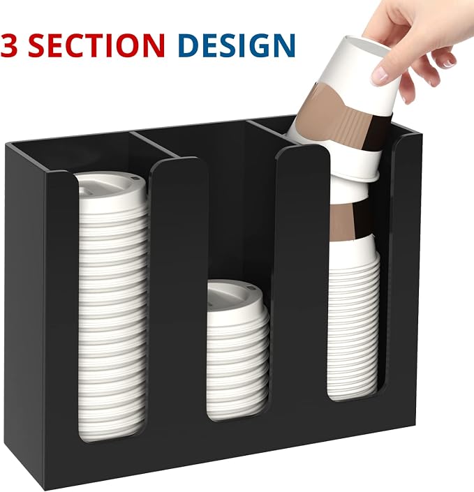KOTEMON Acrylic Cup and Lid Holder, 3 Compartment, Disposable Coffee Cup Dispenser Cup Storage Organizer, Black - Image 2