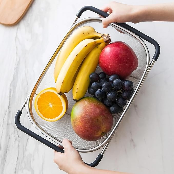 3 PackPremium Quality Over The Sink Stainless Steel Oval Colander with Fine Mesh 6 Quart Strainer Basket & Expandable Rubber Grip Handles - Strain, Drain, Rinse Fruits, Vegetables - Image 4