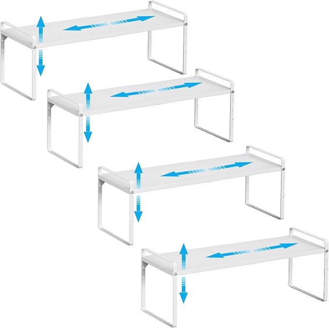 15.5 to 25.5 Inch Kitchen Cabinet Shelf Organizers, Adjustable Kitchen Counter Shelf Organizer, Set of 4 Expandable Countertop Storage Shelves, Stackable Design, 30LBS Heavy Duty, Space Saver by Unknown