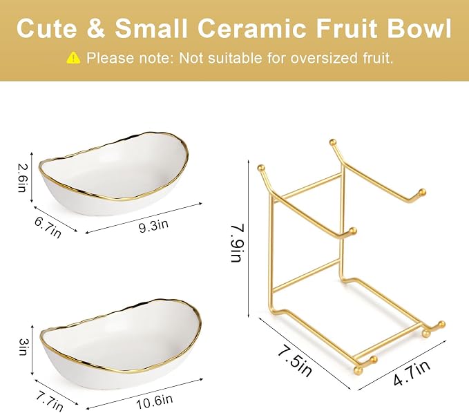 2 Tier Ceramic Fruit Bowl, Fruit Basket for Kitchen Counter, Tiered Fruit Rack for Countertop, Modern Multi Large Capacity Serving Holder for Party Dessert, Vegetable, Snack(Gold&White) - Image 2