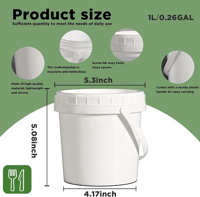 4 Pack 34oz Food Grade Plastic Buckets with Screw Lids & Handle, Reusable Storage Containers for Snacks, Salad, Sauce - White Freezer Safe Bucket Set - Image 2