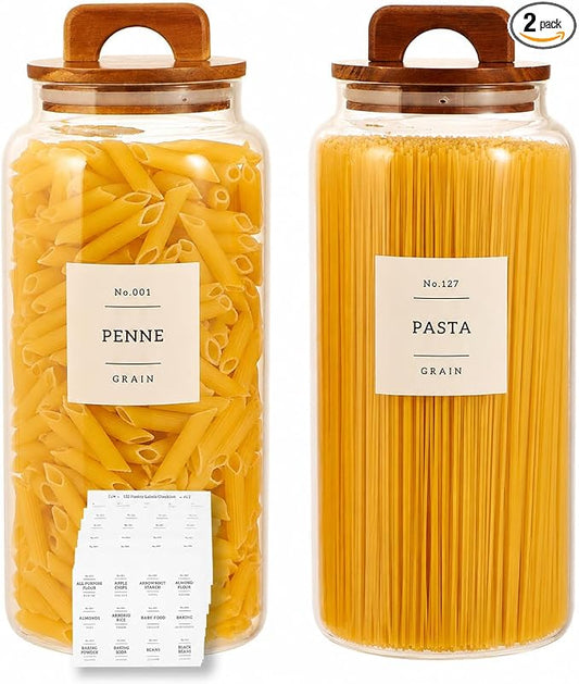 2 Pack Large Glass Flour and Sugar Containers with 132 Pantry Labels - 105 FL OZ Glass Canisters with Bamboo Airtight Lids - Farmhouse Kitchen Glass Pantry Jars for Cookie, Rice, Pasta, Cereal, Salt by CZDYSM