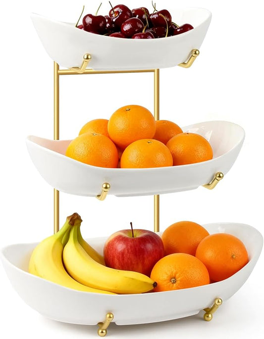 Fruit Bowl for Kitchen Counter Large, 3 Tier Fruit Basket for Counter, Ceramic Holder, Tiered Stand with Metal Stand, Detachable Rack for Fruit Vegetable Snack Dessert Storage (White) by YUNLINLI