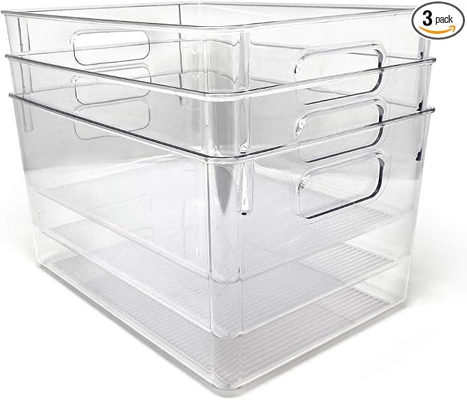 Isaac Jacobs 3-Pack Large Clear Storage Bins with Handles | Plastic Organizer for Home, Room, Office, Fridge, Kitchen/Pantry Non-Slip Container Set, Food Safe, BPA Free (3-Pack, Large) by IsaacJacobs