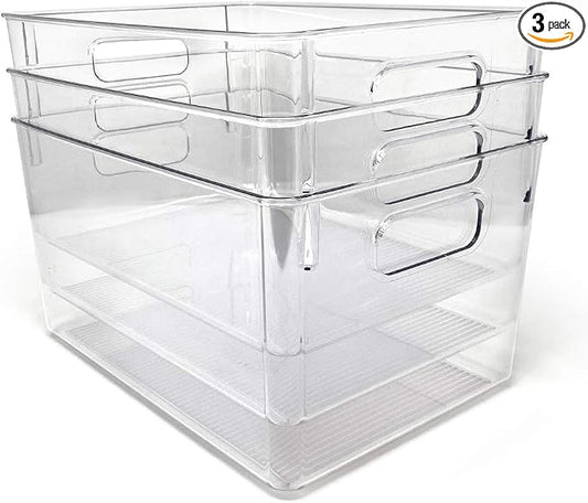 Isaac Jacobs 3-Pack Large Clear Storage Bins with Handles | Plastic Organizer for Home, Room, Office, Fridge, Kitchen/Pantry Non-Slip Container Set, Food Safe, BPA Free (3-Pack, Large) by IsaacJacobs