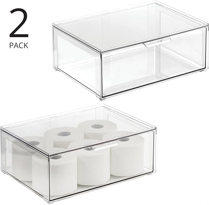 mDesign Plastic Stackable Bathroom Storage Organizer Bin Containers with Front Pull Drawer for Bathroom Countertop, Vanity, Closet Shelves - Holder for Accessories - Lumiere Collection, 2 Pack, Clear - Image 4